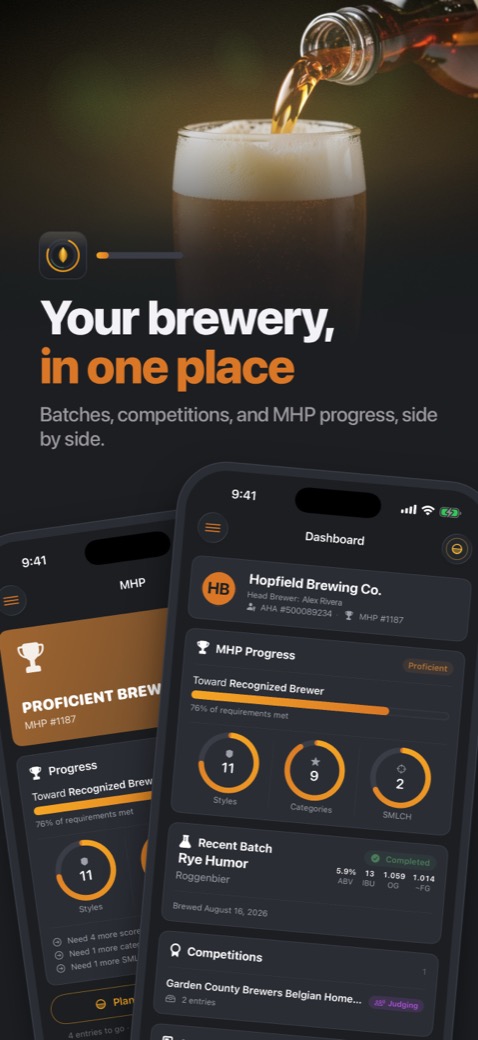 Grist on iPhone: Dashboard with batches, competitions, and MHP progress side by side