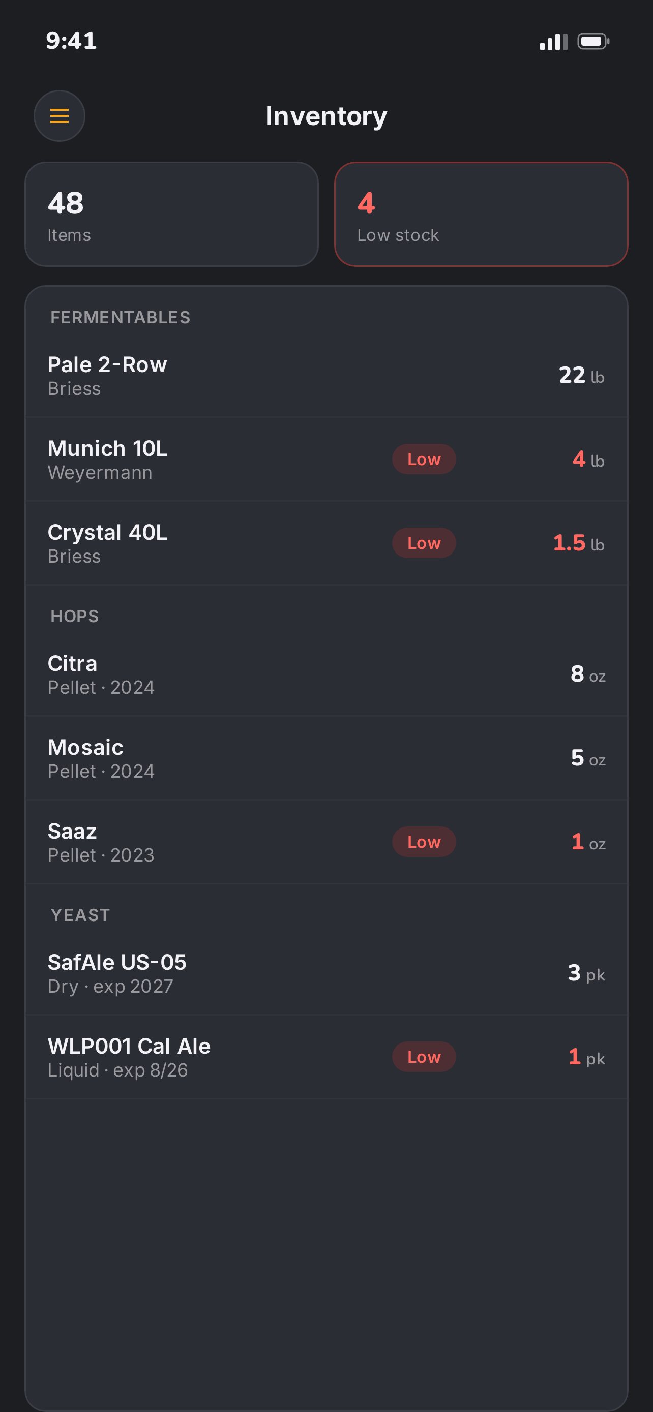 Grist inventory on iPhone